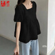 莜仙格2025夏季方領(lǐng)泡泡袖襯衫女夏遮肉寬松短袖上衣法式肌理感娃娃衫女 黑色 M 建議 95-105斤