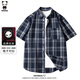 HIPANDA你好熊貓短袖襯衫男夏季百搭格子復古翻領(lǐng)潮流寬松襯衣男藏青XL