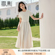 香影圓領(lǐng)短袖連衣裙女2025夏季新款米白色棉質(zhì)大擺收腰木耳邊裙子 米黃 L 165/88A/110-125斤