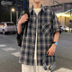 POUM日系格子短袖襯衫夏款高級(jí)感潮流休閑男士襯衣外套6327藏青色XL