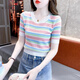 AEMAPE春夏裝2025年新款修身顯瘦上衣圓領條紋冰絲針織短袖t恤女裝百搭 粉紅色 L 建議105-115斤