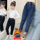艾諾輪牛仔褲女中童女款加絨兒童褲8-12歲中小學(xué)生女孩冬裝韓版一體絨彈力老爹褲中大兒童冬季加厚長(cháng)褲子 加絨皮標花苞褲藍色 140 建議身高130-140CM左右建議9-10歲
