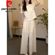 皮爾卡丹（pierre cardin）棉麻亞麻女套裝2025新款夏季年輕人小個子休閑闊腿褲子兩件套女裝 杏色 XL (110-120斤)