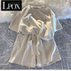 LPOX運(yùn)動套裝女夏季新款韓版休閑款學(xué)院風(fēng)寬松百搭短褲運(yùn)動兩件套 杏色套裝 XL