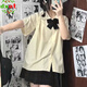 DXOT2025短袖襯衫女夏季校園風(fēng)娃娃領(lǐng)上衣甜美學(xué)院風(fēng)韓式校服jk制服女 黃色襯衫+領(lǐng)結+黑色百褶裙 M