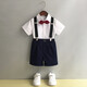 冶芷兒童背帶褲套裝夏季短款英倫中小童幼兒園演出表演服主持人畢業(yè)服 套裝【襯衣+短褲+背帶+領結】 130 碼
