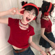 緋垚紅色正肩短袖t恤女2025夏季新款修身百搭短款上衣小眾衣服辣妹 紅色 L