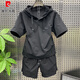 皮爾卡丹（pierre cardin）夏季輕薄透氣純色簡(jiǎn)約休閑連帽寬松兩件套潮流男士套裝短袖短褲 黑色【套裝】 L 130-150斤