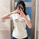 衣然呈品T恤女士夏季新款美式高街潮牌修身百搭簡(jiǎn)約正肩刺繡v領(lǐng)短袖上衣女 白色 M 【建議90-105斤】