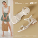 ZHR則則粗跟涼鞋女優(yōu)雅水鉆女鞋夏季一字帶搭扣鞋子女 JF193 米色 38