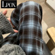 LPOX藍(lán)色格子褲女秋冬加絨寬松垂感顯瘦休閑褲女百搭復(fù)古直筒闊腿拖地 藍(lán)色格子長褲 S