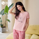 秋鹿【商場(chǎng)同款】純棉睡衣女夏短袖梭織竹節紗色織格七分褲家居服套裝 棗紅 M （推薦85-105斤）