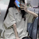 衣然呈品美式復古潮牌Polo領(lǐng)華夫格短袖T恤女夏季新款寬松半袖百搭五分袖 淺灰色 M 【建議90-110斤】