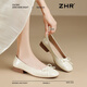 ZHR則則淺口單鞋女春季新款平底一腳蹬配裙女鞋軟底溫柔蝴蝶結低跟小皮鞋 米色 39