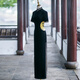 金絲絨旗袍2025新款高端大氣上檔次走秀演出旗袍形體舞臺服長款女 黑色- 短袖 XL