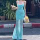 瑜尚臻品印花網(wǎng)紗吊帶連衣裙女夏海邊度假純欲V領(lǐng)性感魚尾拼接包臀長裙 【綠色】M（85-100斤）