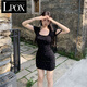 LPOX復(fù)古碎花方領(lǐng)短袖連衣裙女裝夏季甜辣妹針織裙子黑色收腰包臀長(zhǎng)裙 短款碎花短袖連衣裙 S