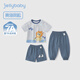 JELLYBABY男童夏季三件套2025新款小童條紋卡通短袖短褲兒童套裝潮寶寶衣服 藍色 【7A抗菌】 110 CM