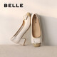 百麗（Belle）七夕禮物舒適優(yōu)雅單鞋女2025春新真皮蝴蝶結(jié)方跟鞋D3S1DAQ5 米白 36 (230mm)