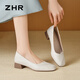 ZHR粗跟單鞋女經(jīng)典拼接工作皮鞋通勤一腳蹬淺口女鞋軟底AH673米色37