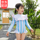韞舜女童泳衣2025新款公主寶寶中小大童連體訓練長(cháng)袖兒童泳衣女孩 花邊條紋泳衣【藍色】 120