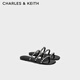CHARLES&KEITH平底帶鉆鏈條一字拖鞋涼拖七夕禮物CK1-70381080 BLACK TEXTURED黑色紋理 35 （225）