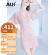 AUI 小個(gè)子V領(lǐng)連衣裙女2022年夏季新品設計感時(shí)尚女裝收腰a字裙子 粉紅色 M