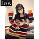 LPOX日系學(xué)院風(fēng)卡通撞色條紋圓領(lǐng)毛衣女秋冬寬松慵懶風(fēng)溫柔軟糯針織衫 圖片色高質(zhì)量 S [75-90斤]