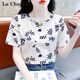 拉夏貝爾（La Chapelle）正肩t恤女士短袖體恤寬松半袖女裝2025夏季新款時尚印花上衣潮 藍(lán)葉 L 建議110-125斤