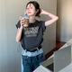 多菲尼森短袖t恤女甜辣爵士跳舞jazz短款上衣kpop女團(tuán)舞蹈演出服美式顯瘦 抽繩印花短袖 深灰色 M