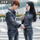 JEEP SPIRIT2025春秋情侶牛仔套裝男修身韓版彈力大碼外套兩件夾克上衣服洋氣 005深灰 2XL 男裝（外套+褲子）145斤左