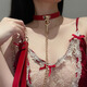 芯奢黑色真皮項圈女Puppy圓環(huán)T型k9情侶s牽引繩m狗鏈choker頸帶鏈子 紅色T字真皮項圈+牽引鏈