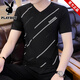 花花公子品牌男裝純棉短袖T恤夏季新款V領(lǐng)潮流時(shí)尚百搭休閑修身雞心領(lǐng)上衣 T18黑色 L (尺碼偏小100-115斤)