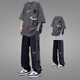 安初夏青少年夏季短袖t恤男潮流套裝休閑運(yùn)動痞帥穿搭學(xué)生衣服兩件套 深灰色純棉短袖+黑休閑褲【兩件 XL 建議120-140斤