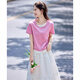 尚靜文藝風(fēng)純色上衣25年夏新溫柔甜美簡(jiǎn)約紐扣T恤女 玫粉色  M 