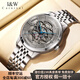 I&W CARNIVAL HWGUOJI瑞士品牌IW手表男機(jī)械表雙面鏤空機(jī)械男表進(jìn)口機(jī)芯全自動男士手表 愛沃馳銀殼灰面藍(lán)針-鋼帶款+原裝皮表帶 +定制刻字