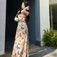 西兒辣妹復古蝴蝶印花長袖連衣裙女抽褶春季新款收腰性感修身包臀長裙 蝴蝶畫報 M