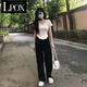 LPOX2025森系黑色直筒褲子ins潮韓版寬松高腰顯瘦百搭垂感闊腿褲女 常規 黑色-款- S 建議[60-90斤]