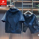 皮爾卡丹（pierre cardin）2025夏季休閑工裝連帽半袖短褲運(yùn)動套裝寬松速干短袖五分褲兩件套 黑色 XL 建議125-140斤