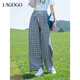 lagogo經(jīng)典格子休閑褲女拉谷谷2025年夏季新款編織腰帶直筒闊腿褲 混色 M