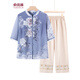 俞兆林（YUZHAOLIN）母親節YX2026夏裝中老年套裝女奶奶新款雪紡高貴媽媽裝上衣老太衣 藍色＋(搭配米色褲子) 2XL (建議105-120斤)