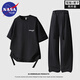 NASA BASE潮牌冰絲短袖套裝男女夏季薄款多巴胺寬松圓領(lǐng)休閑T恤長(cháng)褲兩件套 黑色-短袖款 4XL （推薦體重180-200斤）