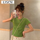 LISCN短袖T恤女衣服2025夏季新款辣妹露背蝴蝶結漏背短款設計感上衣潮 綠色 M