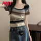 愛(ài)麥依冰絲短袖女t恤2025夏季新款針織條紋短款高腰甜辣修身正肩上衣 黑色 L 110-125斤