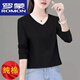羅蒙（ROMON）高檔純棉長(cháng)袖v領(lǐng)女t恤春秋韓版寬松矮個(gè)子短款上衣高腰顯瘦女打底 黑色 XL 【建議110-120斤】