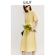 LILY2025夏新款女裝簡(jiǎn)約減齡氣質(zhì)休閑收腰燈籠袖短袖淺黃色連衣裙 202淺黃 S