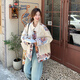 AEMAPE米白色碎花拼接工裝外套女春秋美式慵懶風韓系氛圍感chic上衣 米色(版) L (建議125斤以內)