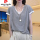 皮爾卡丹（pierre cardin）假兩件v領(lǐng)撞色短袖上衣女韓版寬松簡(jiǎn)約百搭休閑設(shè)計(jì)感小眾拼接t恤 灰色 L 【建議100-120斤】