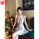 莜仙格春夏時(shí)髦洋氣套裝女露肩掛脖時(shí)尚背心高腰荷葉邊蓬蓬半身裙兩件套 流光香檳上衣+半裙 M 建議 98-108斤
