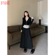 FSHE春季套裝設計感假兩件長(cháng)袖針織衫上衣女a(chǎn)字半身裙時(shí)尚套裝女秋冬 假兩件上衣+黑色半身裙【套裝】 L